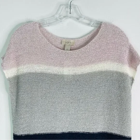 NWT Loft pink grey blue open knit boxy oversized preppy coastal top XS - Picture 2 of 7